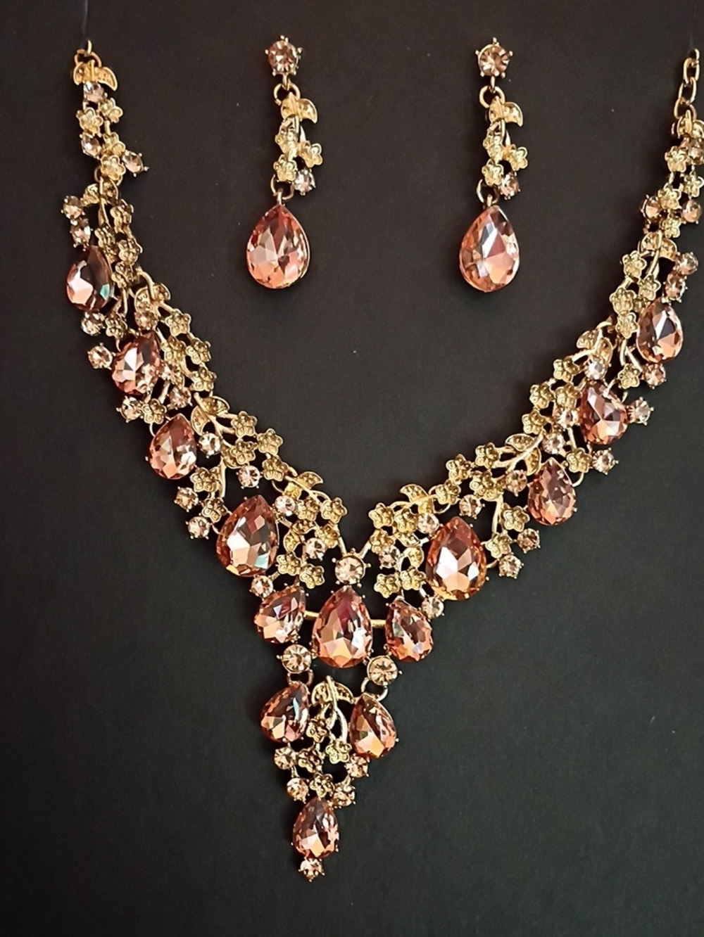 Gold-Tone Statement Necklace and Earring Set with Pink Teardrop Crystals